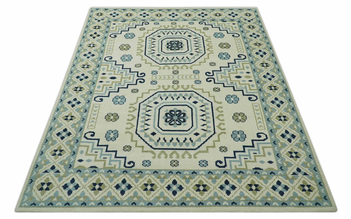 Ivory, Blue and Olive Traditional Mamluk design Custom Made wool area Rug