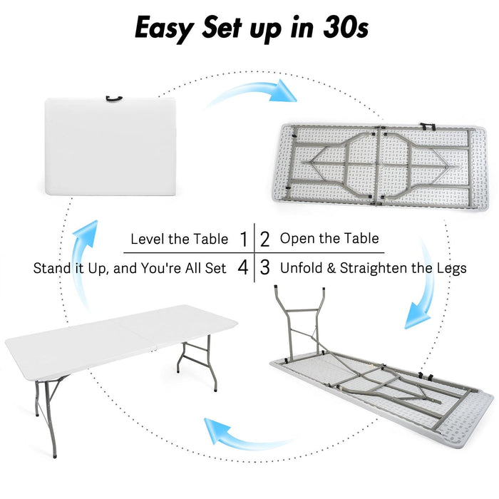 6ft Portable Folding Plastic Table for 6-8 Picnic Dining Table 71" with Carry Handle, White