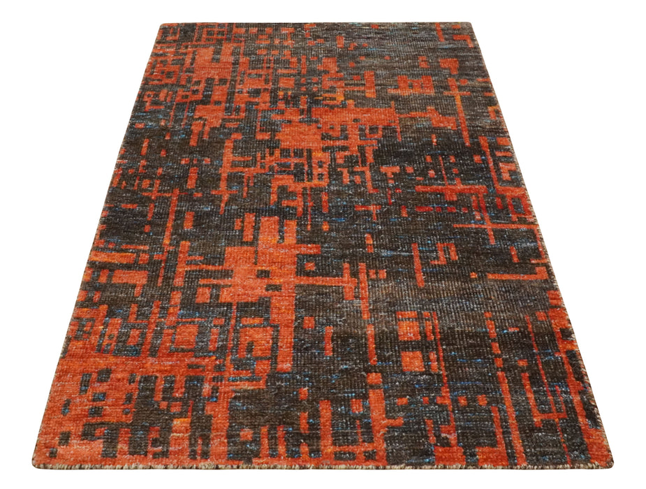 Hand Knotted 4x6 Rust and Charcoal Modern Abstract  Recycled Silk Area Rug
