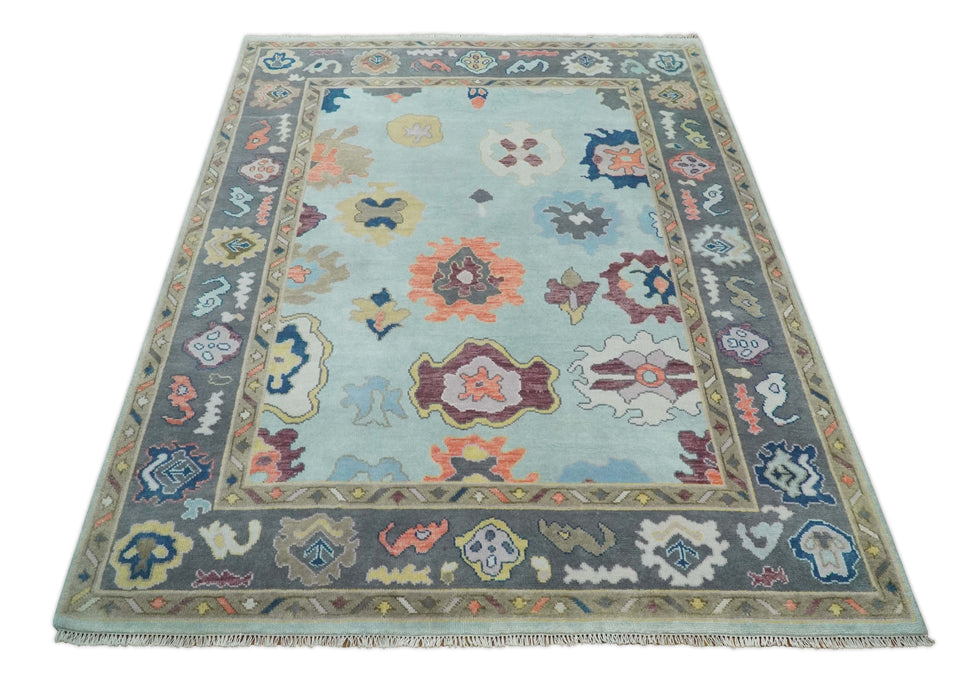 Custom Made Blue and Gray Hand Knotted Traditional Oushak Wool Area Rug