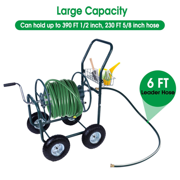 Portable Garden Hose Reel Cart with Wheels with Storage Basket Rust Resistant Water Hose Holder