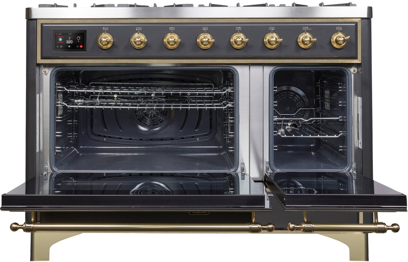 ILVE Majestic II 48" Dual Fuel Natural Gas Range in Matte Graphite with Brass Trim, UM12FDNS3MGG