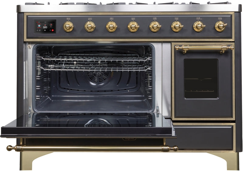 ILVE Majestic II 48" Dual Fuel Natural Gas Range in Matte Graphite with Brass Trim, UM12FDNS3MGG