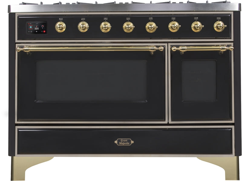 ILVE Majestic II 48" Dual Fuel Propane Gas Range in Glossy Black with Brass Trim, UM12FDNS3BKGLP