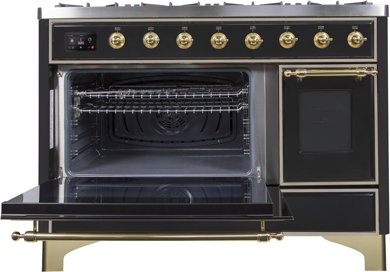 ILVE Majestic II 48" Dual Fuel Propane Gas Range in Glossy Black with Brass Trim, UM12FDNS3BKGLP