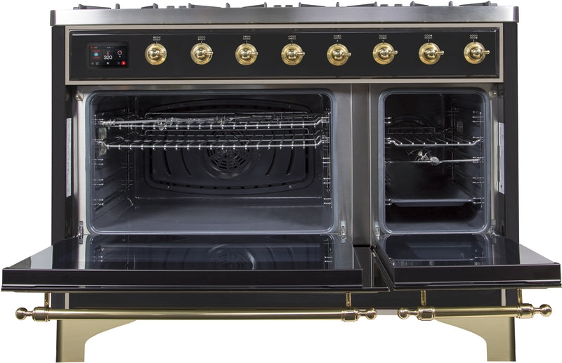 ILVE Majestic II 48" Dual Fuel Propane Gas Range in Glossy Black with Brass Trim, UM12FDNS3BKGLP