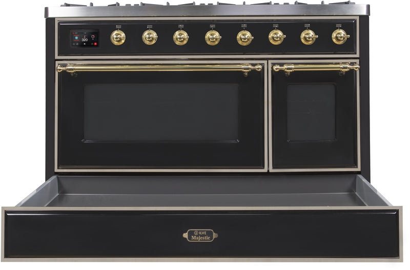 ILVE Majestic II 48" Dual Fuel Propane Gas Range in Glossy Black with Brass Trim, UM12FDNS3BKGLP