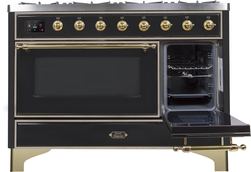 ILVE Majestic II 48" Dual Fuel Propane Gas Range in Glossy Black with Brass Trim, UM12FDNS3BKGLP