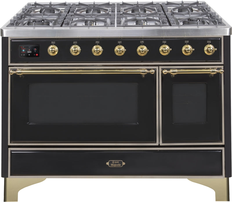 ILVE Majestic II 48" Dual Fuel Propane Gas Range in Glossy Black with Brass Trim, UM12FDNS3BKGLP