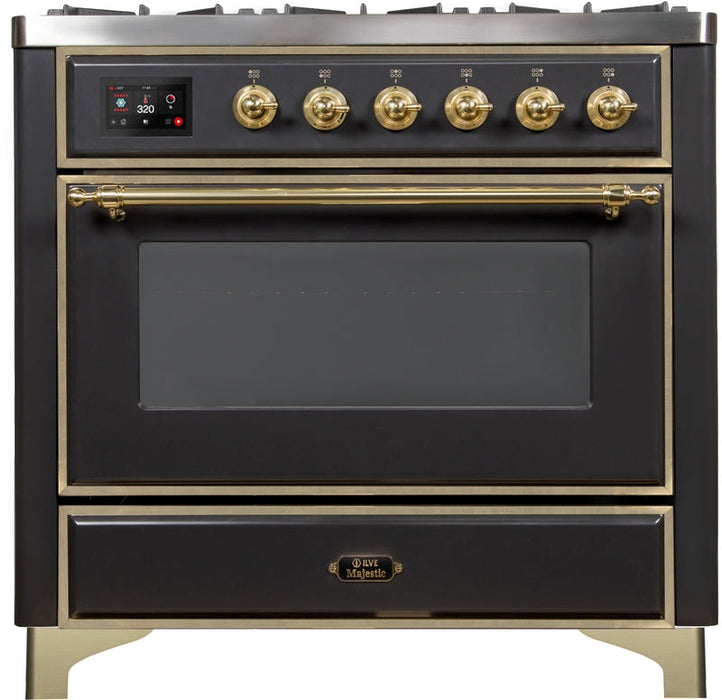 ILVE Majestic II 36" Dual Fuel Propane Gas Range in Matte Graphite with Brass Trim, UM09FDNS3MGGLP