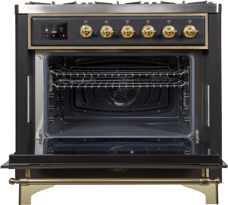 ILVE Majestic II 36" Dual Fuel Propane Gas Range in Matte Graphite with Brass Trim, UM09FDNS3MGGLP