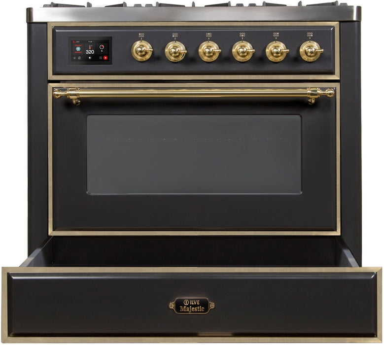 ILVE Majestic II 36" Dual Fuel Propane Gas Range in Matte Graphite with Brass Trim, UM09FDNS3MGGLP