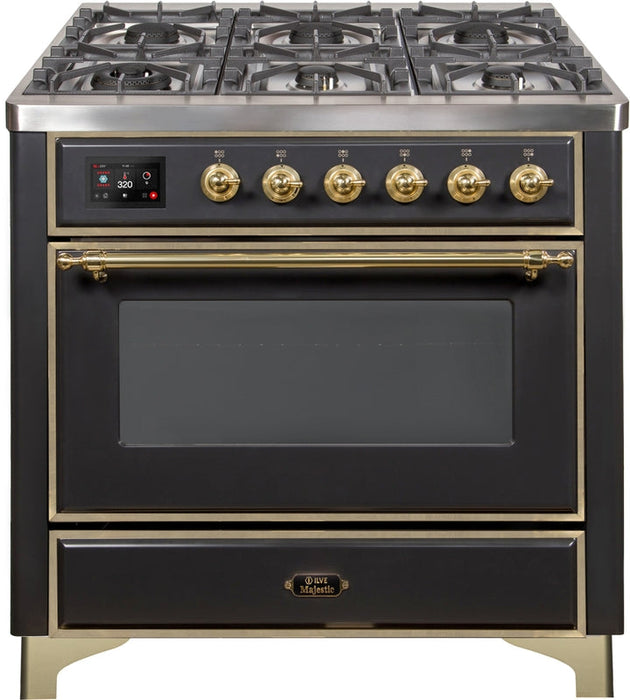 ILVE Majestic II 36" Dual Fuel Propane Gas Range in Matte Graphite with Brass Trim, UM09FDNS3MGGLP