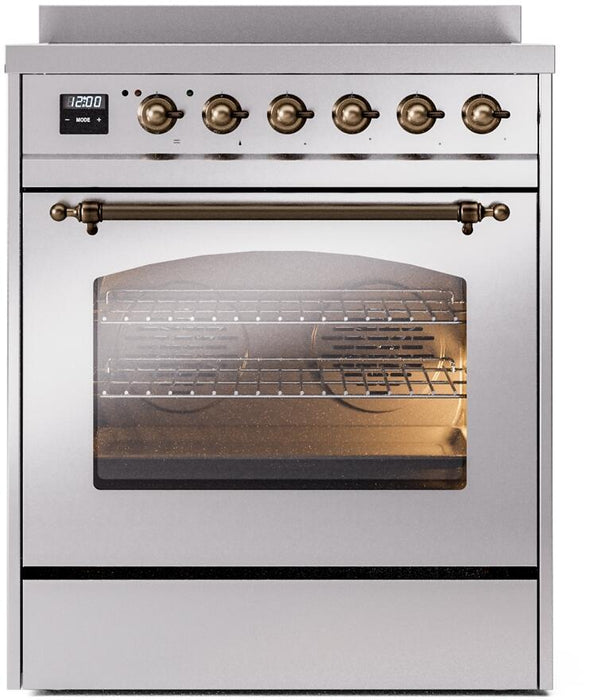 ILVE Nostalgie II 30" Induction Range with Element Stove and Electric Oven in Stainless Steel with Bronze Trim, UPI304NMPSSB