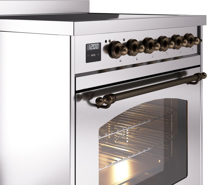 ILVE Nostalgie II 30" Induction Range with Element Stove and Electric Oven in Stainless Steel with Bronze Trim, UPI304NMPSSB