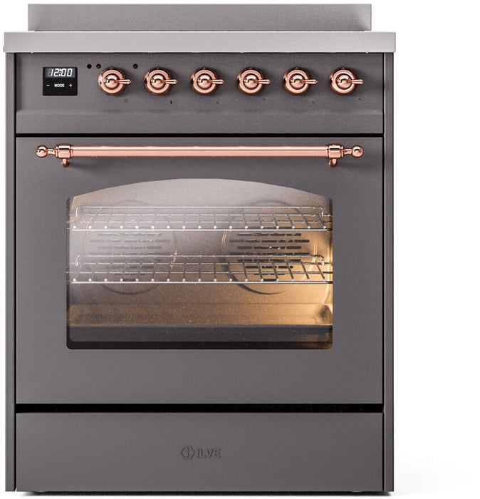 ILVE Nostalgie II 30" Induction Range with Element Stove and Electric Oven in Matte Graphite with Copper Trim, UPI304NMPMGP