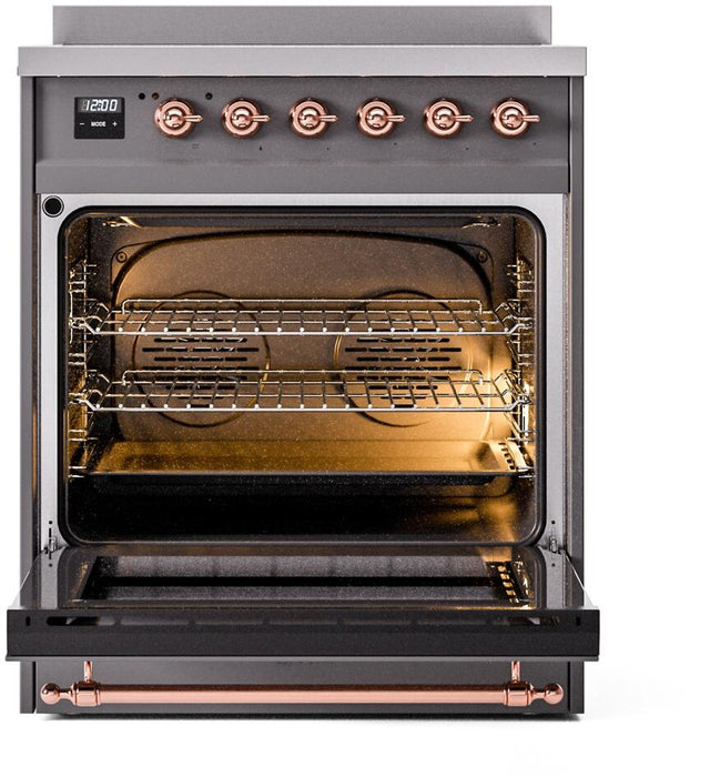 ILVE Nostalgie II 30" Induction Range with Element Stove and Electric Oven in Matte Graphite with Copper Trim, UPI304NMPMGP