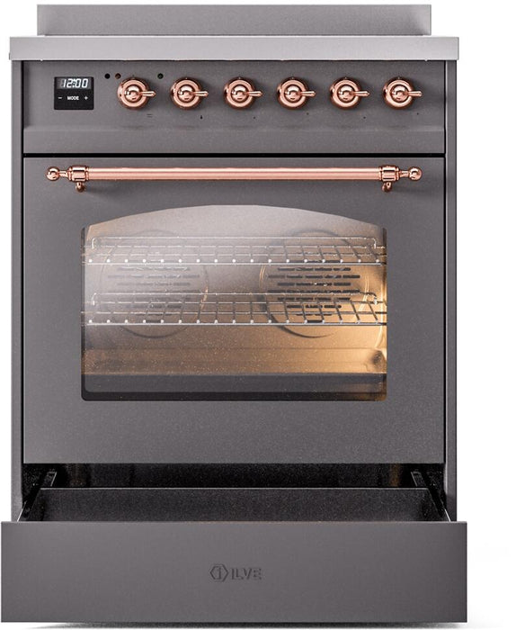 ILVE Nostalgie II 30" Induction Range with Element Stove and Electric Oven in Matte Graphite with Copper Trim, UPI304NMPMGP