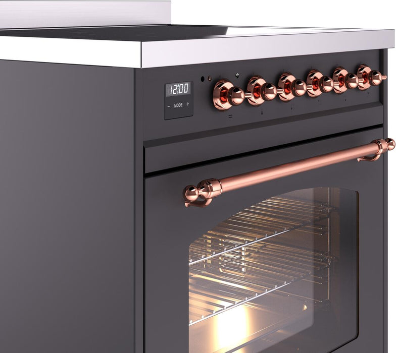 ILVE Nostalgie II 30" Induction Range with Element Stove and Electric Oven in Matte Graphite with Copper Trim, UPI304NMPMGP