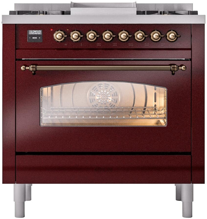 ILVE Nostalgie II 36" Dual Fuel Propane Gas Range in Burgundy with Bronze Trim, UP36FNMPBUBLP