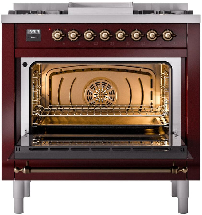 ILVE Nostalgie II 36" Dual Fuel Propane Gas Range in Burgundy with Bronze Trim, UP36FNMPBUBLP