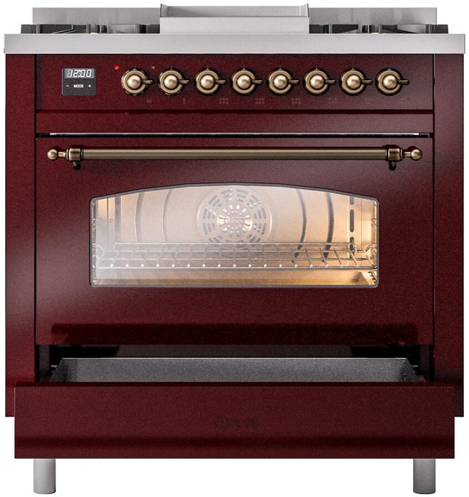 ILVE Nostalgie II 36" Dual Fuel Propane Gas Range in Burgundy with Bronze Trim, UP36FNMPBUBLP