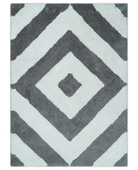 3x5, 4x6 and 5x7 Hand Woven Shag Ivory and Gray Geometrical Pattern Art Silk Soft Viscose Area Rug