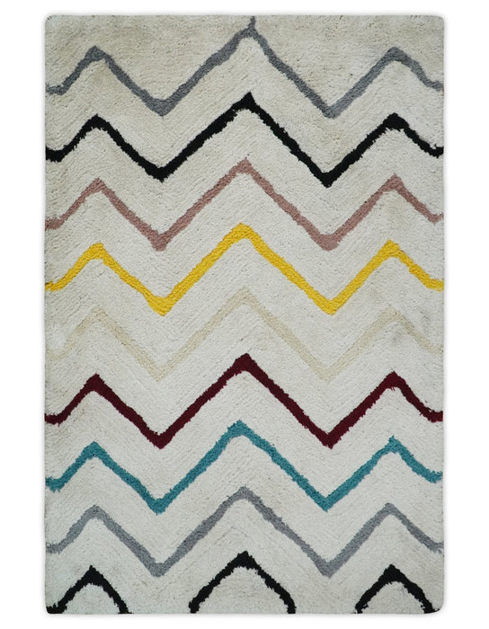 3x5, 4x6 and 5x7 Hand Woven Shag Ivory with multicolor Stripes Art Silk Soft Viscose  Area Rug