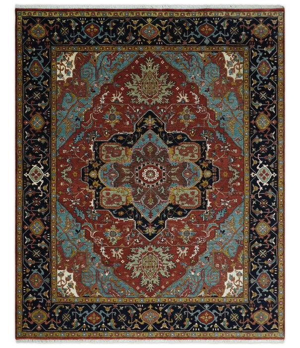 Hand Knotted Maroon And Blue Traditional Heriz Custom Made Wool Area Rug