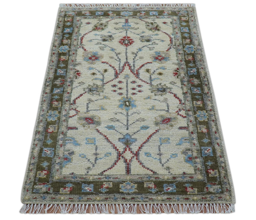 3x5 Hand knotted Beige And Blue Traditional Design Wool Area Rug