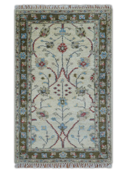 3x5 Hand knotted Beige And Blue Traditional Design Wool Area Rug
