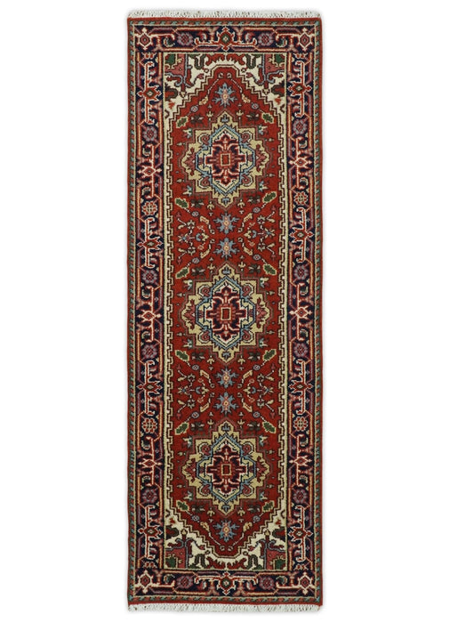 Hand Knotted Red, Ivory and Blue Traditional Heriz Multi size Wool Area Rug