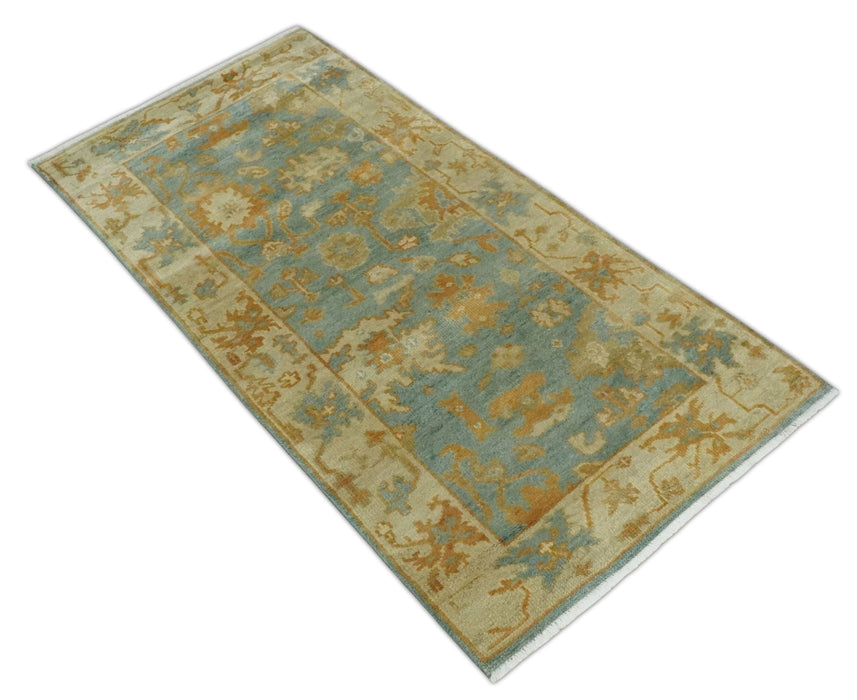 3x6 Runner Hand Knotted Blue, Beige and Rust Traditional Oushak Wool Area Rug | N338266
