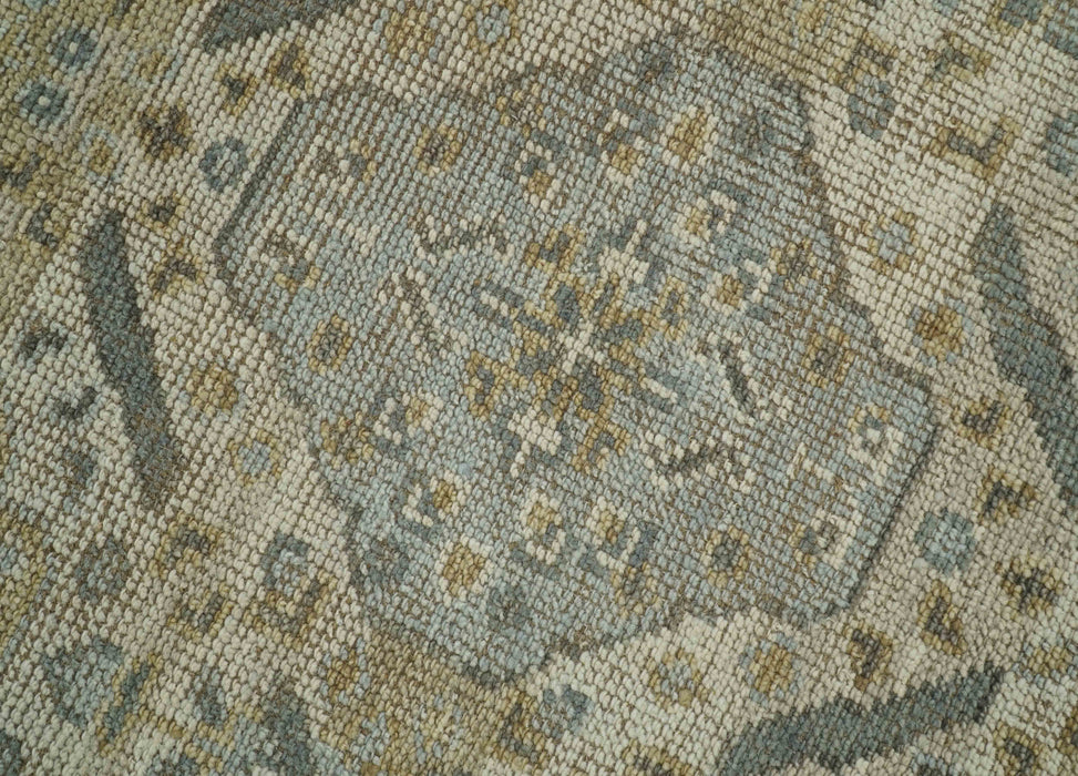 Custom Made Ivory, Brown and Blue Traditional Hand Knotted Wool Area Rug