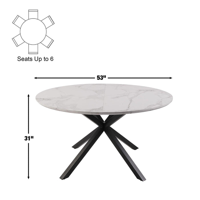 53" Round Mid-Century Modern Wooden Kitchen Dining Table for 4-6 with Solid Metal Leg, Marble Texture