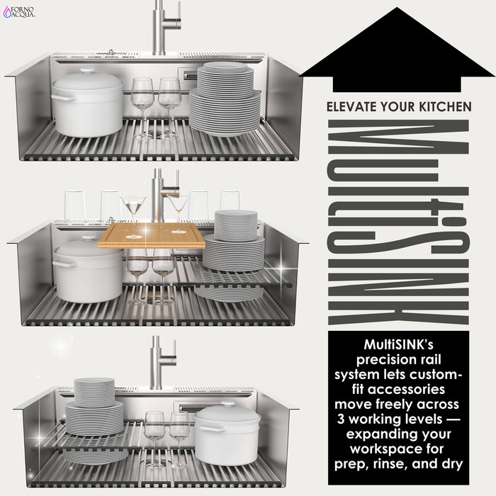 FORNO ACQUA 33 in. Drop-In/Undermount 3-Level Workstation Sink with Faucet, Waterfall & Glass Rinser