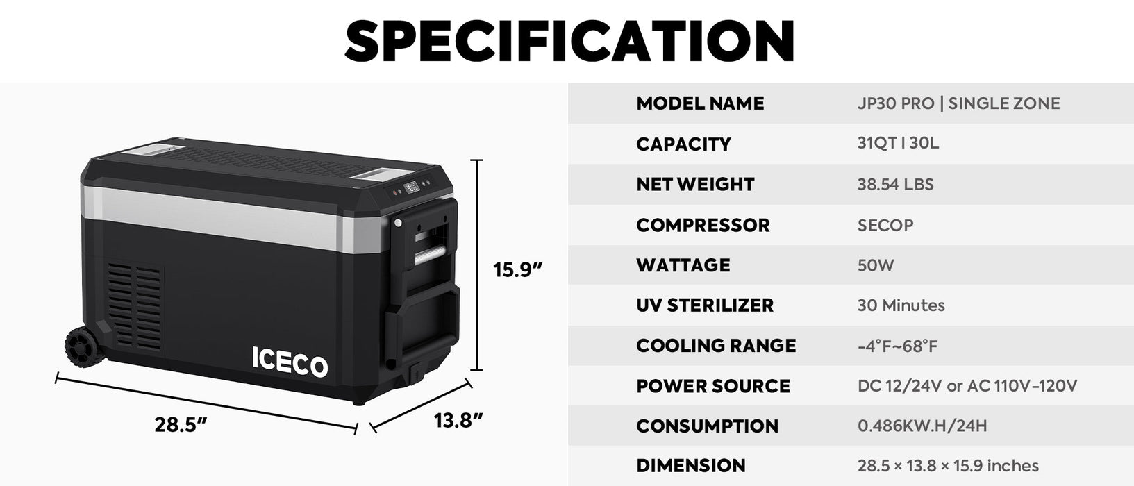 JP30 Pro Single Zone Wheeled Portable Freezer With Cover | ICECO | 30 LT