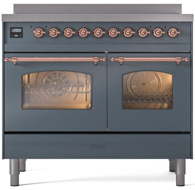 ILVE Nostalgie II 40" Induction Range with Element Stove and Electric Oven in Blue Grey with Copper Trim, UPDI406NMPBGP