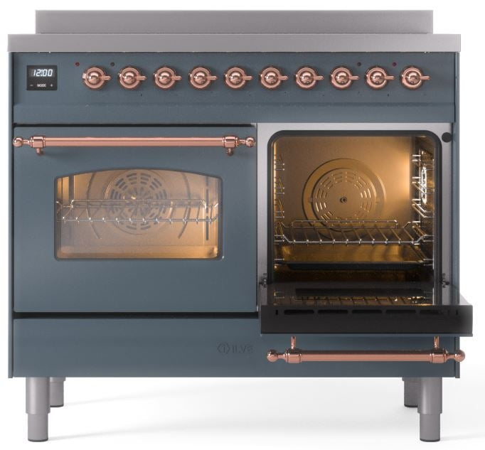 ILVE Nostalgie II 40" Induction Range with Element Stove and Electric Oven in Blue Grey with Copper Trim, UPDI406NMPBGP