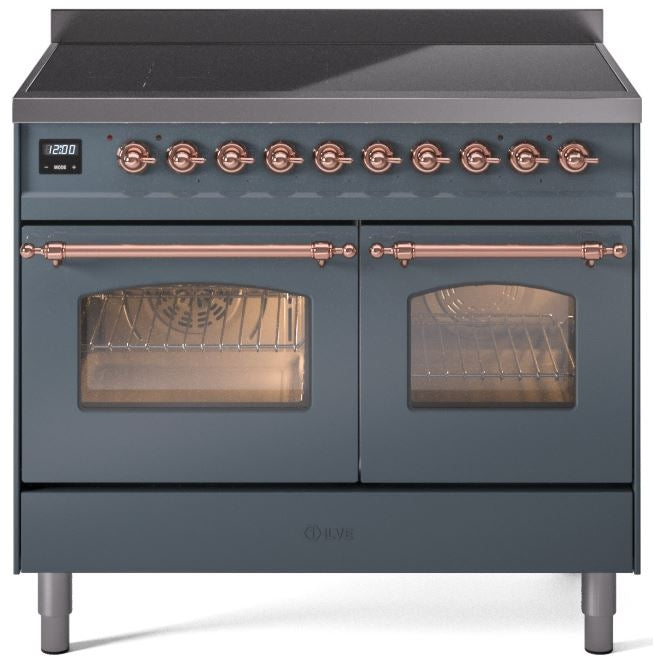 ILVE Nostalgie II 40" Induction Range with Element Stove and Electric Oven in Blue Grey with Copper Trim, UPDI406NMPBGP