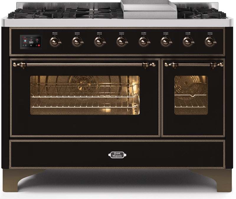 ILVE Majestic II 48" Dual Fuel Natural Gas Range in Glossy Black with Bronze Trim, UM12FDNS3BKB