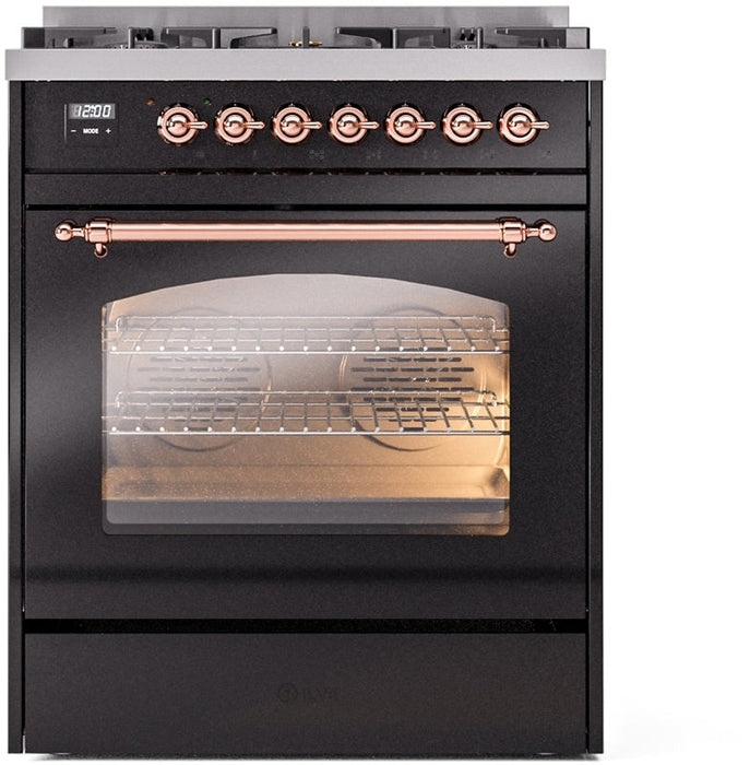 ILVE Nostalgie II 30" Dual Fuel Natural Gas Range in Black with Copper Trim, UP30NMPBKP