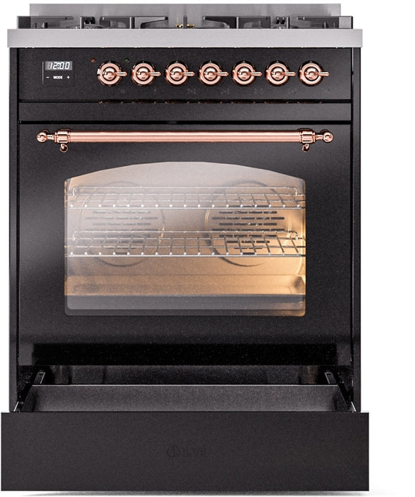 ILVE Nostalgie II 30" Dual Fuel Natural Gas Range in Black with Copper Trim, UP30NMPBKP