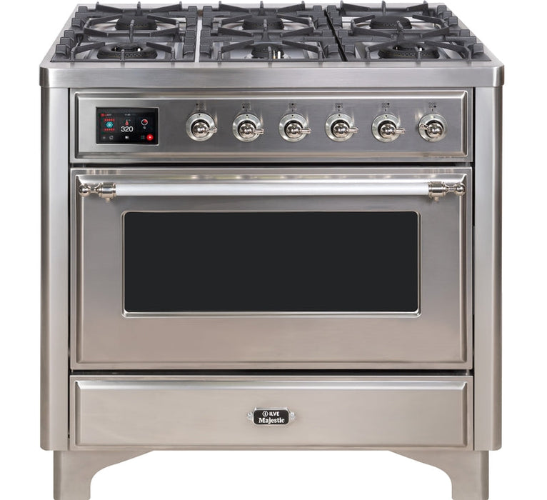 ILVE Majestic II 36" Dual Fuel Natural Gas Range in Stainless Steel with Chrome Trim, UM09FDNS3SSC