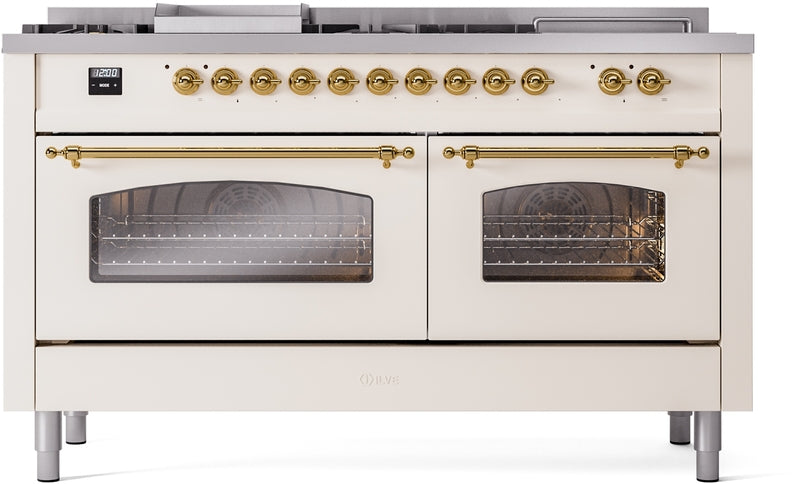 ILVE Nostalgie II 60" Dual Fuel Natural Gas Range in Antique White with Brass Trim, UP60FSNMPAWG