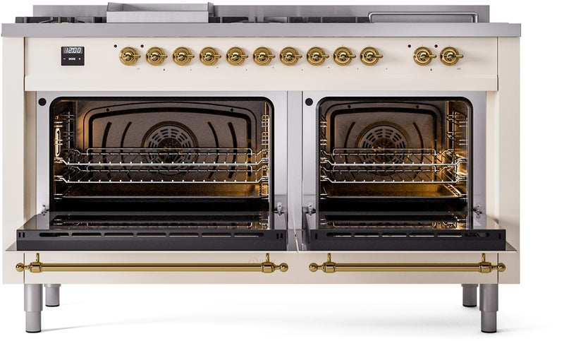 ILVE Nostalgie II 60" Dual Fuel Natural Gas Range in Antique White with Brass Trim, UP60FSNMPAWG