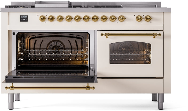 ILVE Nostalgie II 60" Dual Fuel Natural Gas Range in Antique White with Brass Trim, UP60FSNMPAWG