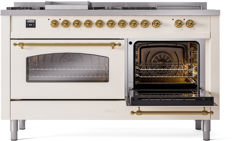 ILVE Nostalgie II 60" Dual Fuel Natural Gas Range in Antique White with Brass Trim, UP60FSNMPAWG