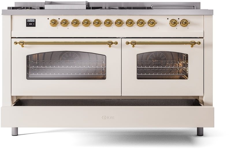 ILVE Nostalgie II 60" Dual Fuel Natural Gas Range in Antique White with Brass Trim, UP60FSNMPAWG