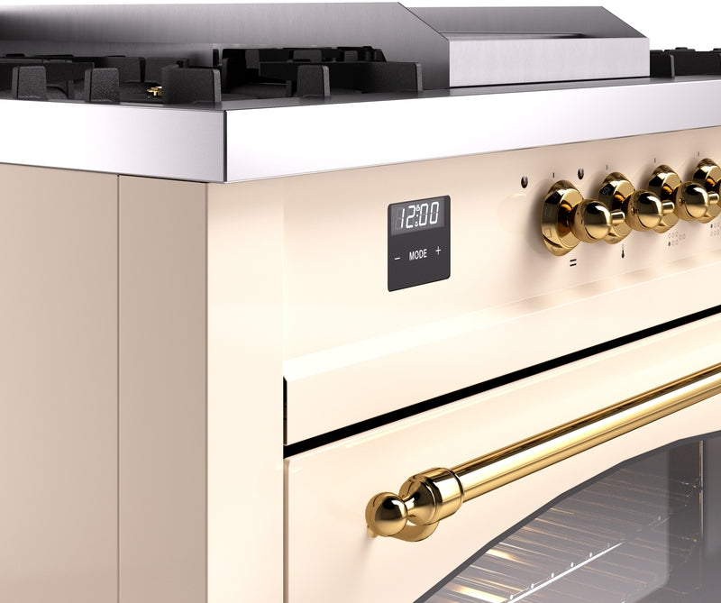 ILVE Nostalgie II 60" Dual Fuel Natural Gas Range in Antique White with Brass Trim, UP60FSNMPAWG